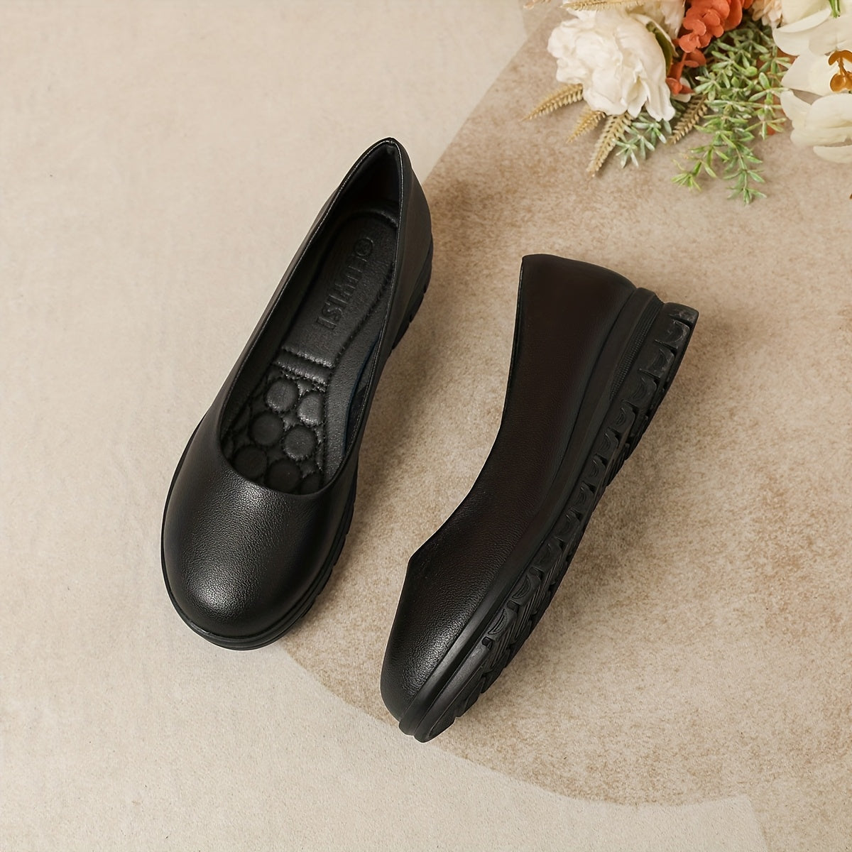 Women's Black Office Flats Non-Slip Round Toe Microfiber Shoes