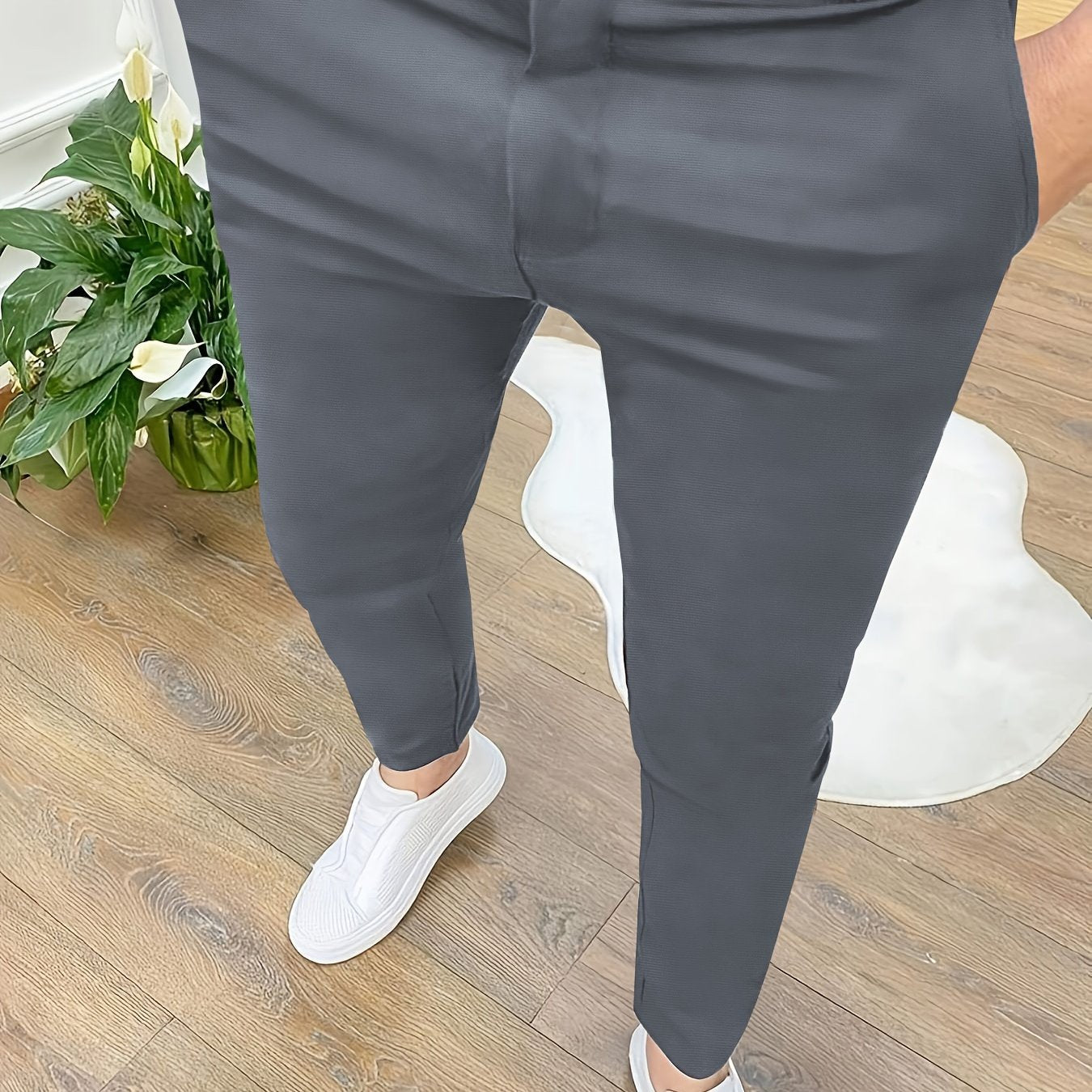 Men's Skinny Fit Polyester Knit Pants with Zipper Detail for All Seasons