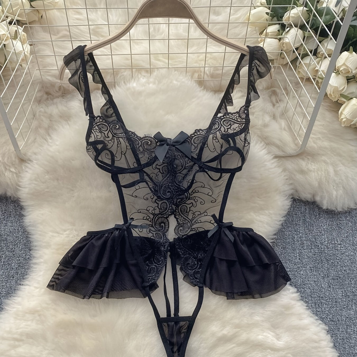 Кружевной вышитый боди с открытой передней для женщин, сексуальное пижамное белье