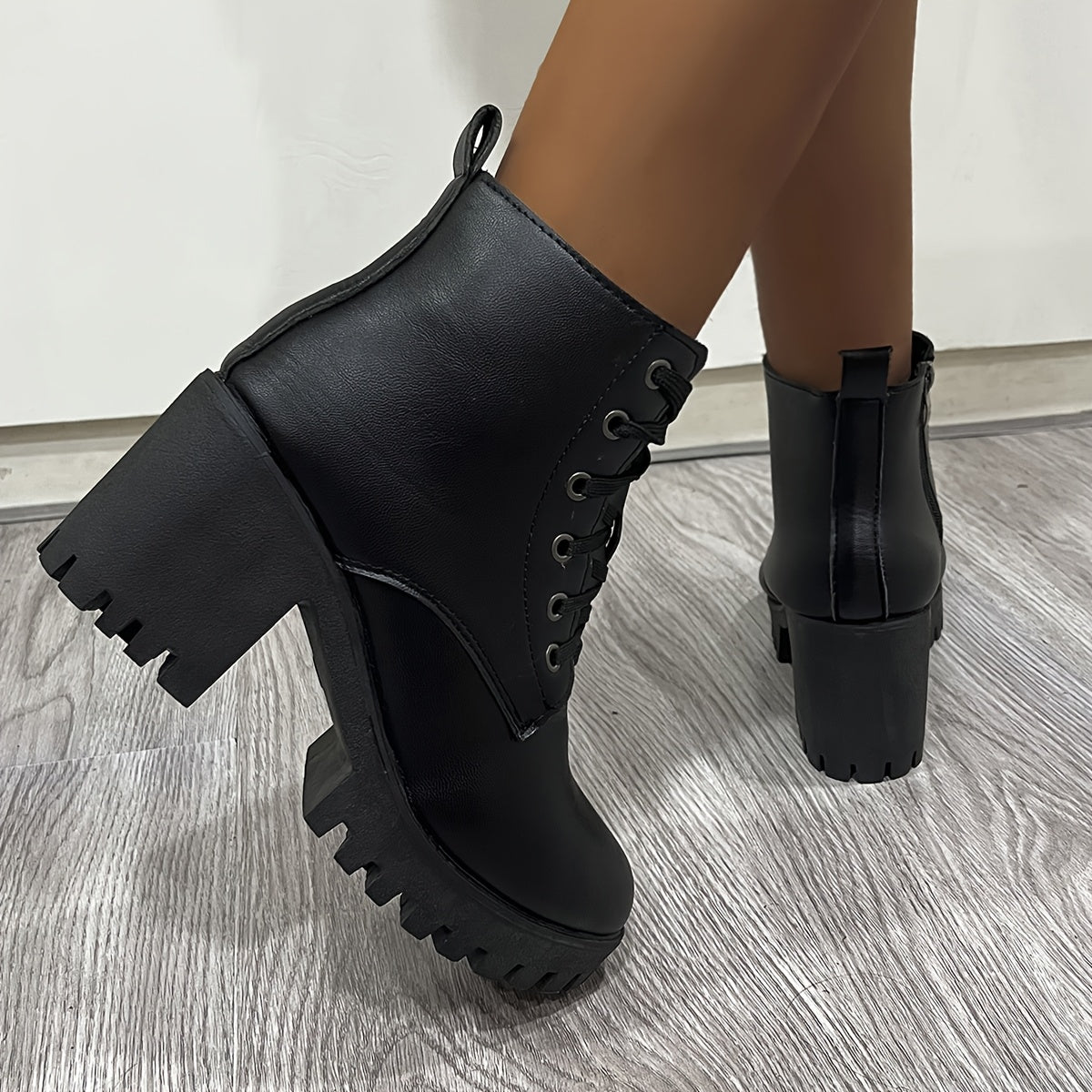 Women's Faux Leather Western Ankle Boots with Chunky Heel and Lace-Up Design