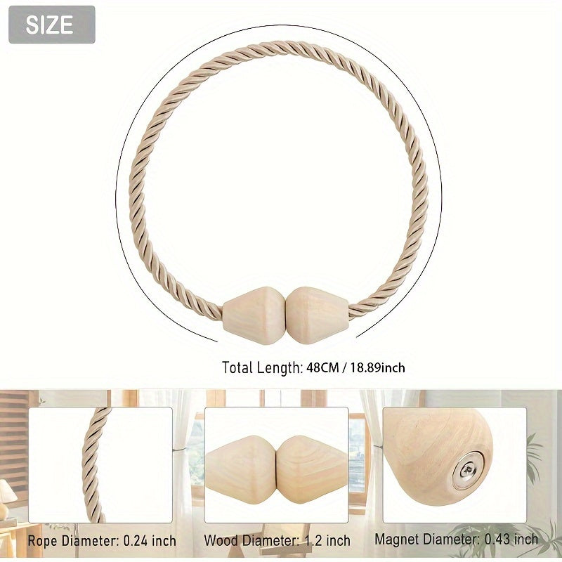 Set of 2 Wooden Magnetic Boho Rope Curtain Tiebacks Beige Window Holdbacks