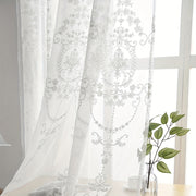 White Sheer Curtain with Geometric Flower Embroidery, Rod Pocket for Living Room Bedroom