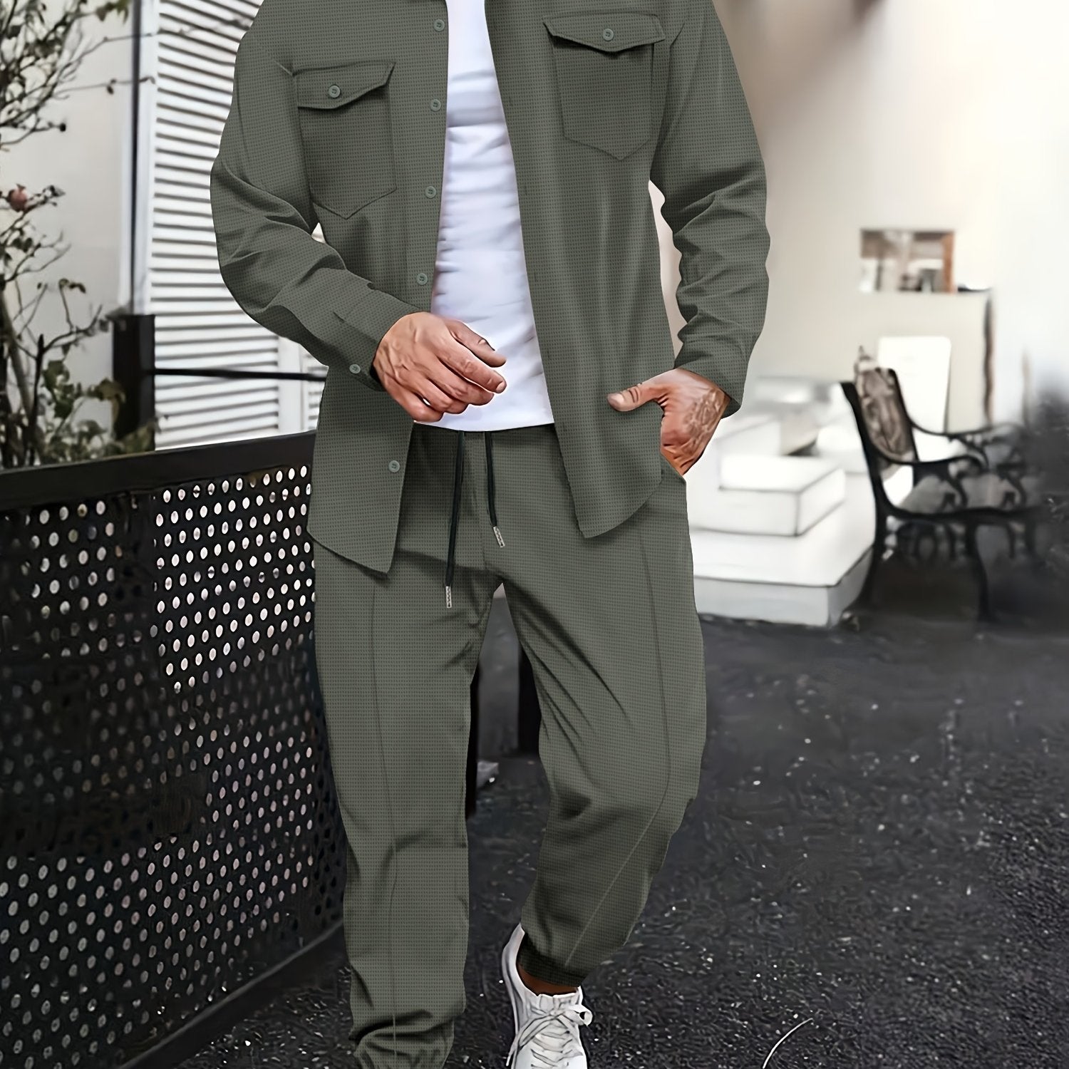 Men's Casual Sports Suit Set Long Sleeve Polyester Shirt with Pockets and Pants