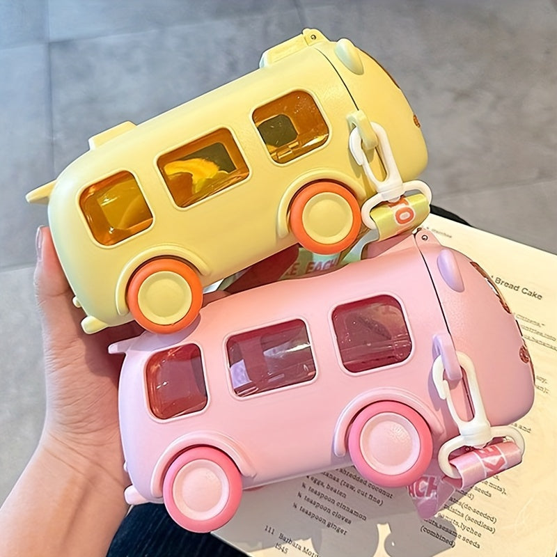 Kids' Plastic Bus-Shaped Water Bottle with Straw for School and Travel