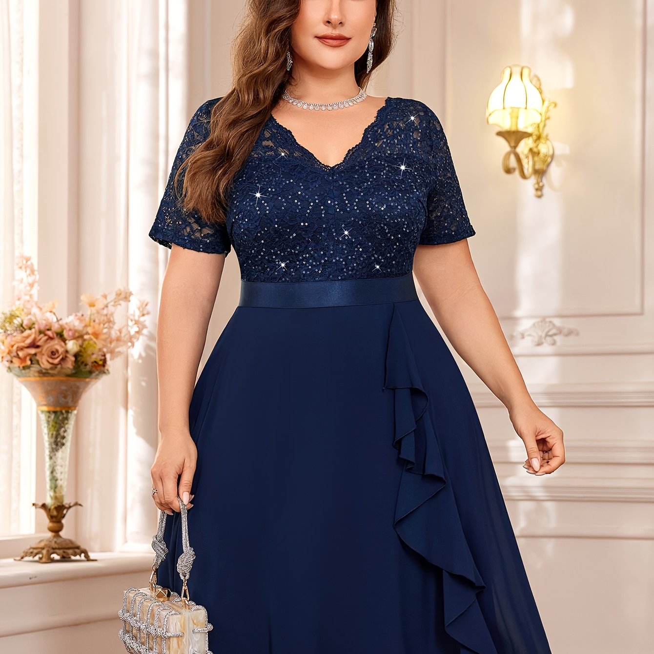 Women's Sequin Lace Chiffon V-Neck Cocktail Party Dress