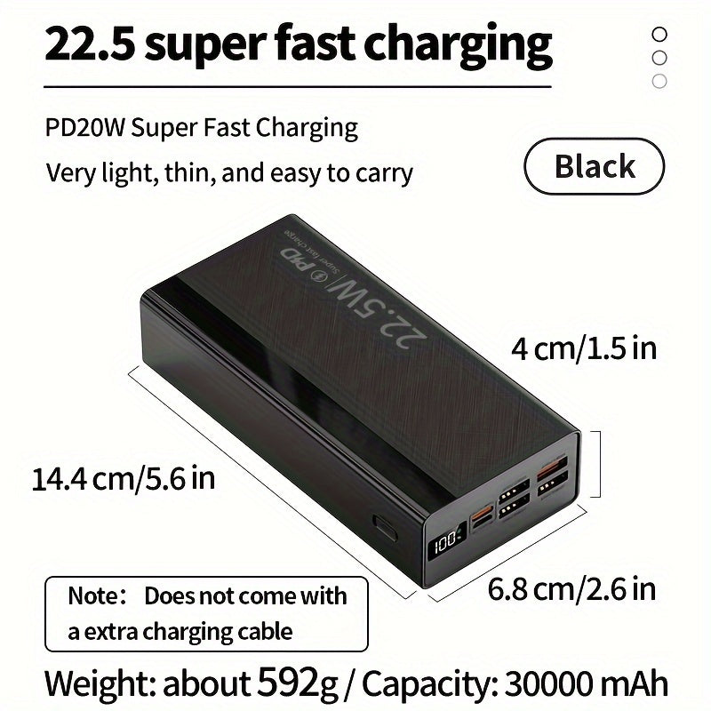 30000/20000/10000 mAh Ultra-ingich Portativ Quvvat Banki, 22.5W Tez Zaryadlash, iPhone/Android qurilmalari uchun LED Quvvat Ko'rsatkichi, USB/Type-C/mikro interfeyslari bilan Favqulodda Quvvat Zaxirasi.
