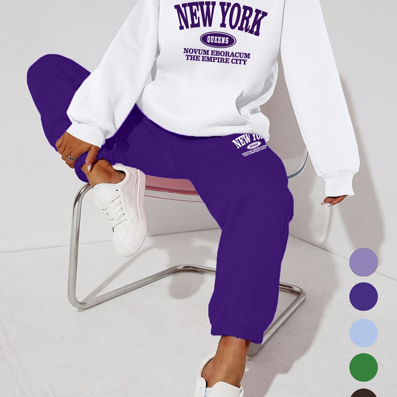 Women's Casual 2-Piece Set Long Sleeve Hooded Sweatshirt and Pants Alphabet Pattern Polyester Knit