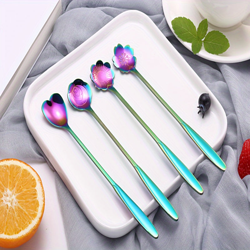 Set of 4 Iridescent Stainless Steel Coffee Spoons with Floral Designs for Elegant Table Settings