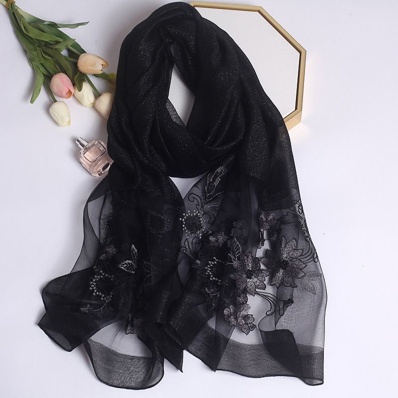 Silk and Wool Embroidery Scarf for Women Floral Long Outerwear