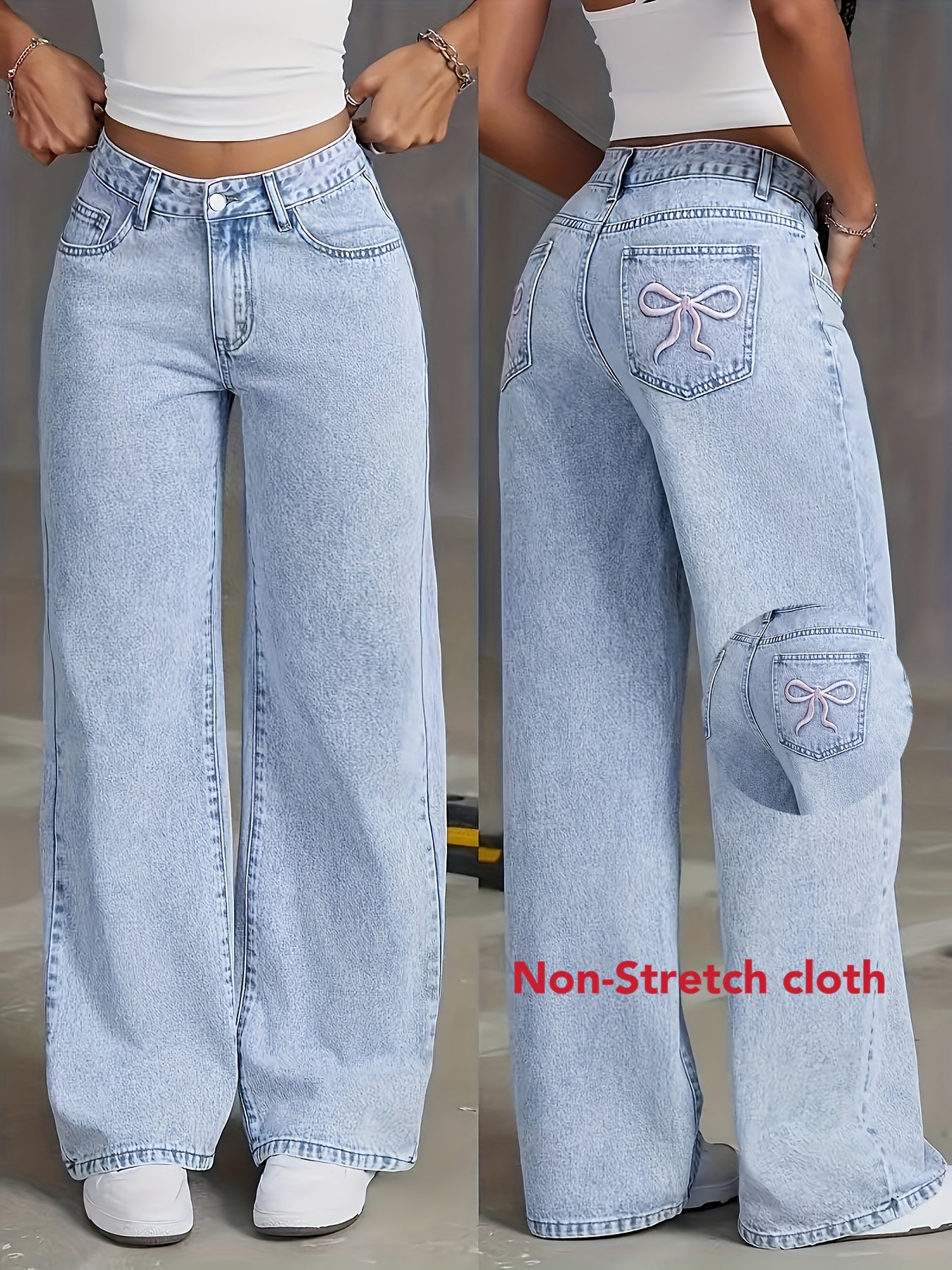 Women's Light Wash Blue Denim Wide Leg Pants with Butterfly Details