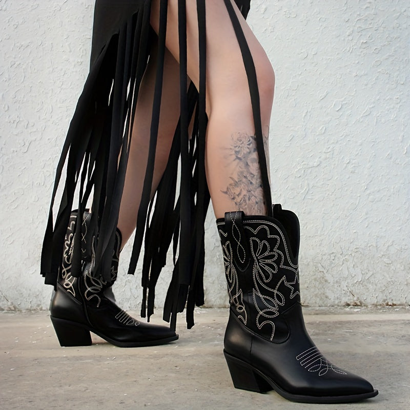 Women’s Western Cowboy Boots Black High Heel Dress Shoes Pointed Toe