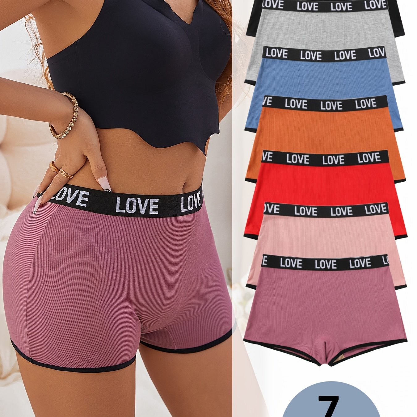 Women's Breathable Letter Print Boxer Shorts Seamless Comfortable Underwear Set of 7