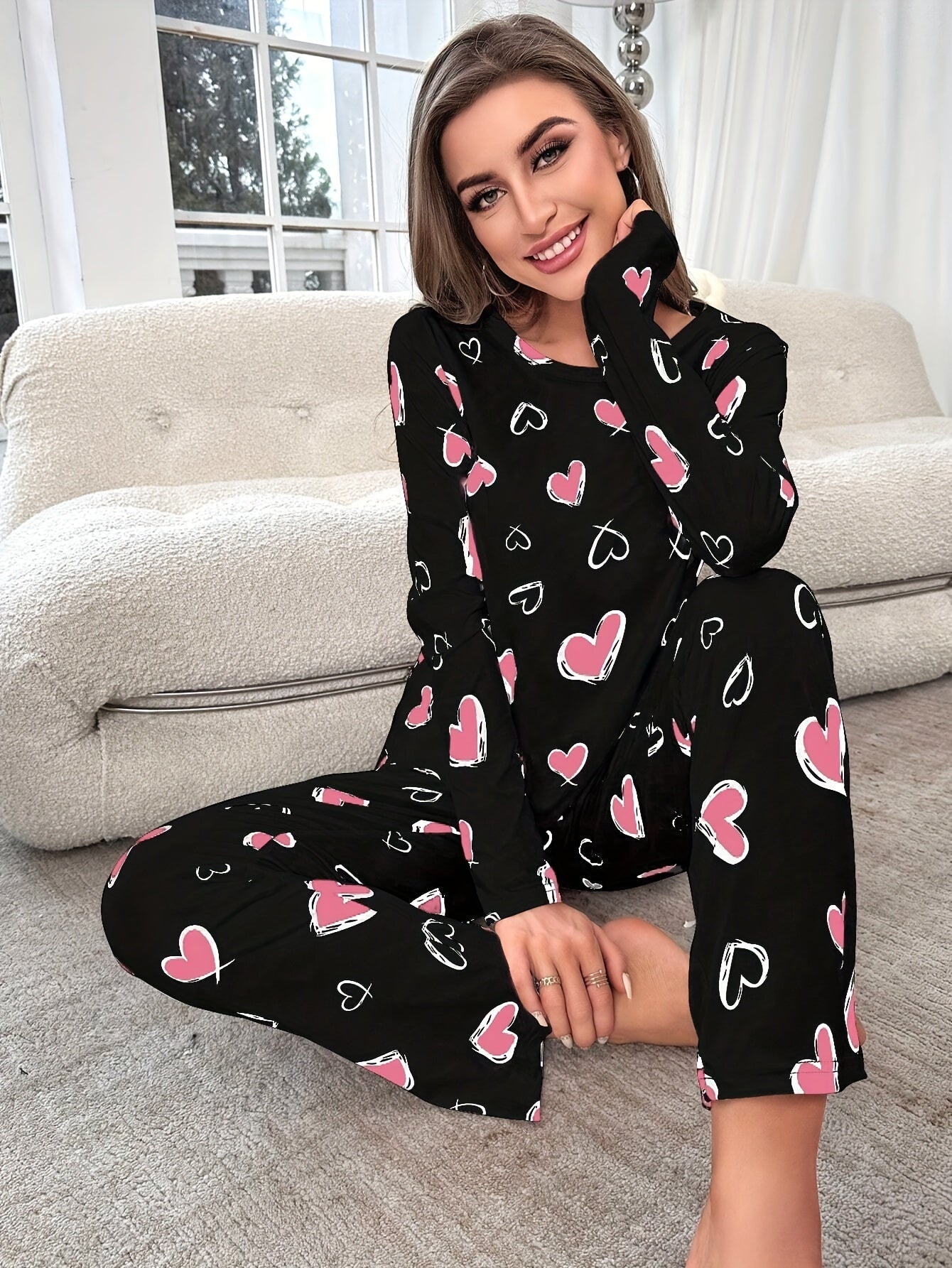 Women’s Heart Print Pajama Set Cozy Knit Fabric All-Season Loungewear