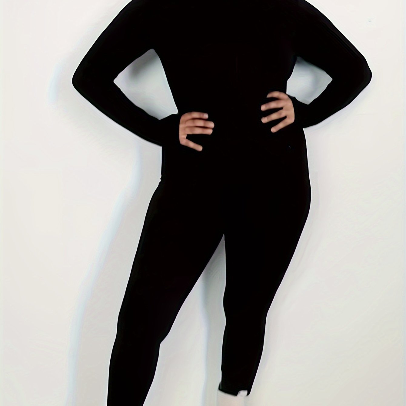 Plus Size Women's Solid Zip Up Long Sleeve Jumpsuit