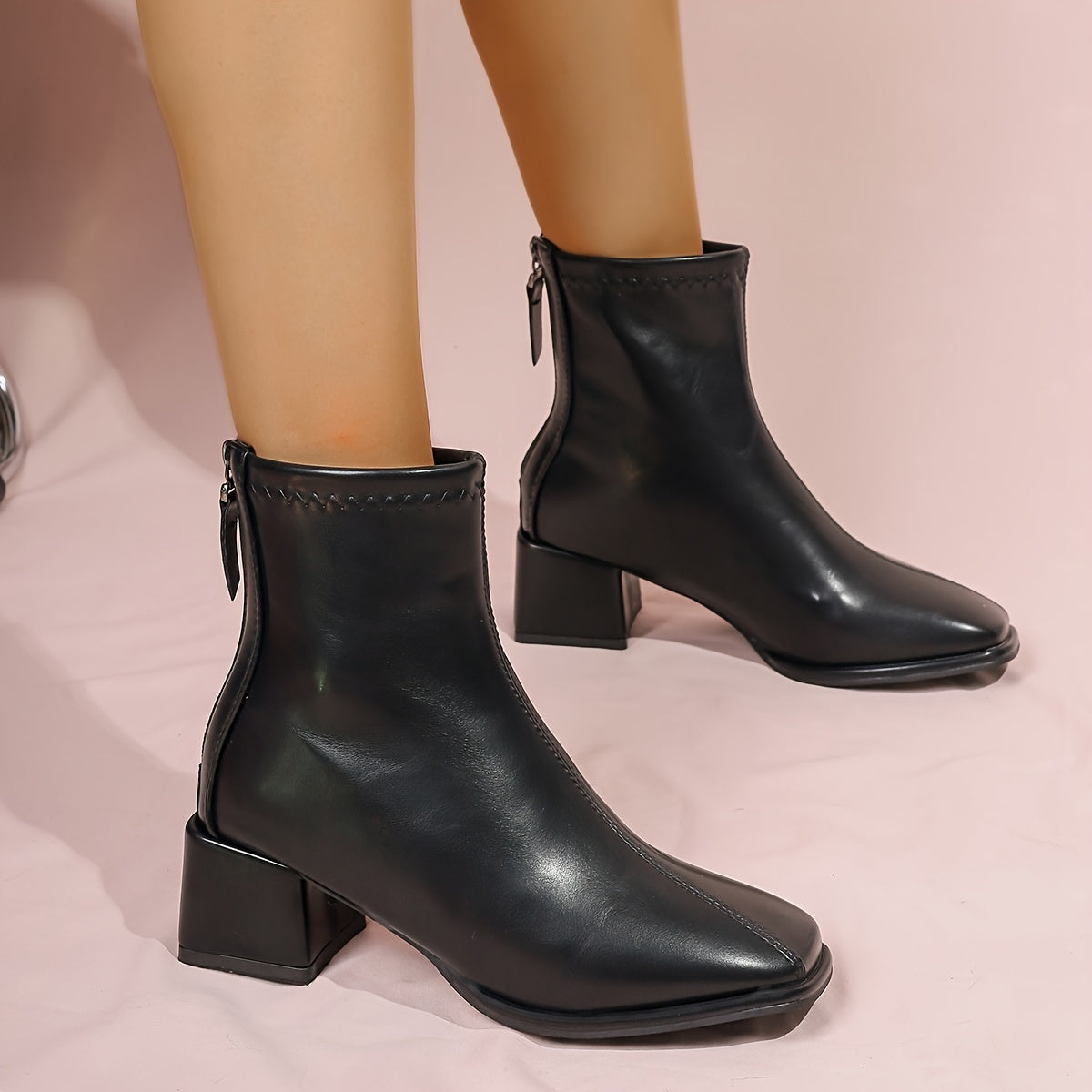 Women's Winter Boots Leather Thick Heel Square Toe Zipper Closure