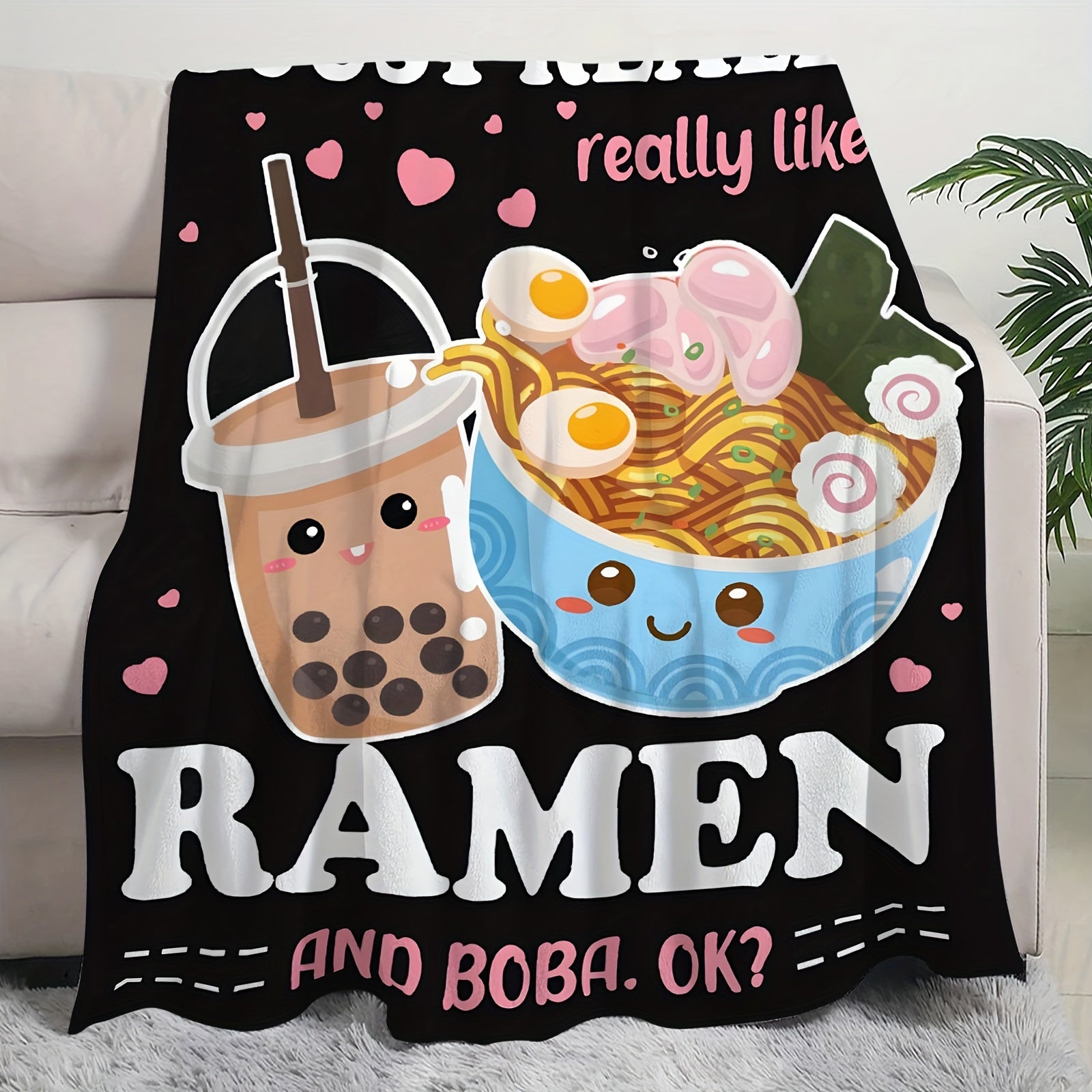 Ramen and Boba Themed Cozy Throw Blanket for Couch Bed Travel