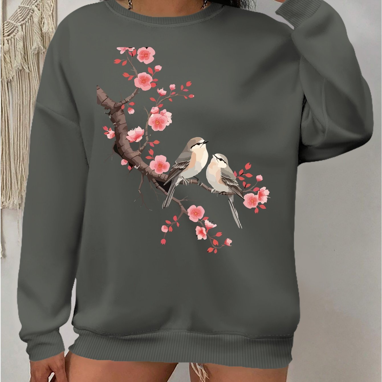Plus Size Womens Floral Sweatshirt Casual Crew Neck Pullover Long Sleeves