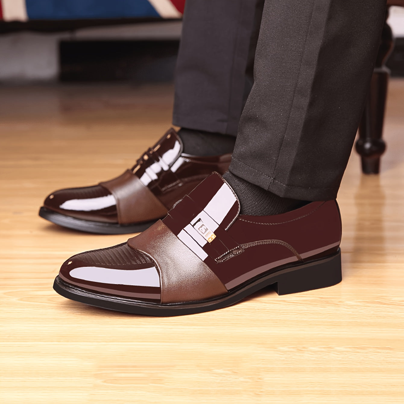 Men's Brown Slip-On Dress Shoes with Black Sole Round Toe Low Top Casual Business