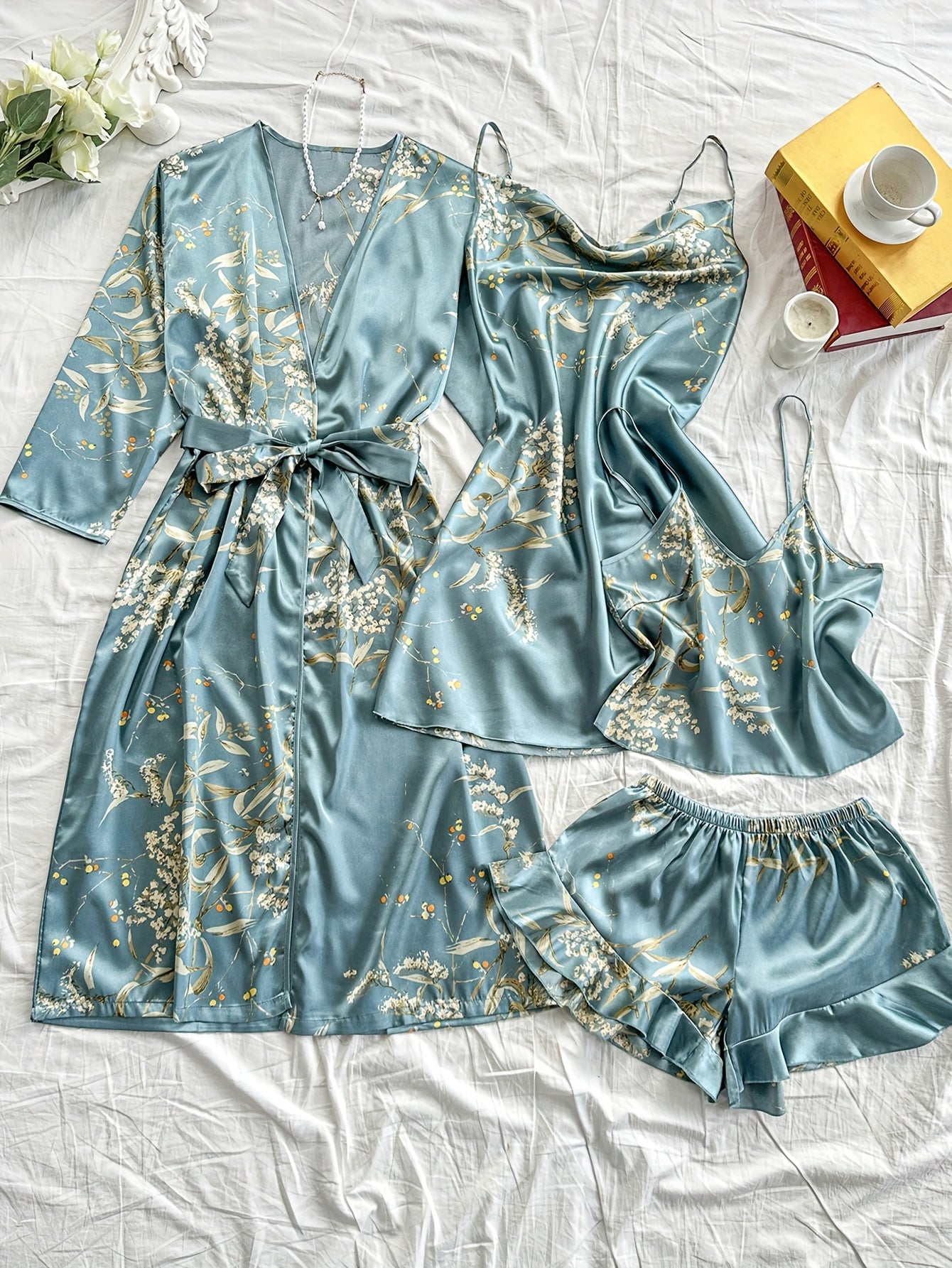 Plus Size Satin Robe Set Women Cherry Blossom Print Long Sleeve Cami Nightgown Shorts