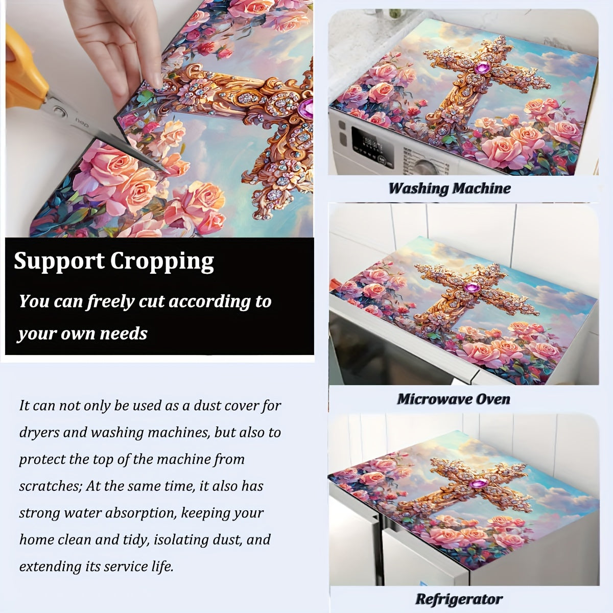 Rose Printed Washing Machine Dust Cover with Non-Slip Top Mat for Laundry Room