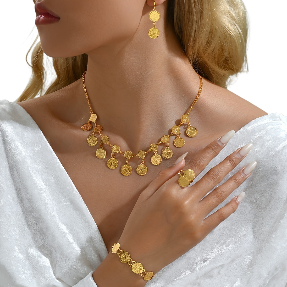 Ramadan Jewelry Set for Women Copper Coins Necklace Earrings Bracelet Ring Islamic Accessories