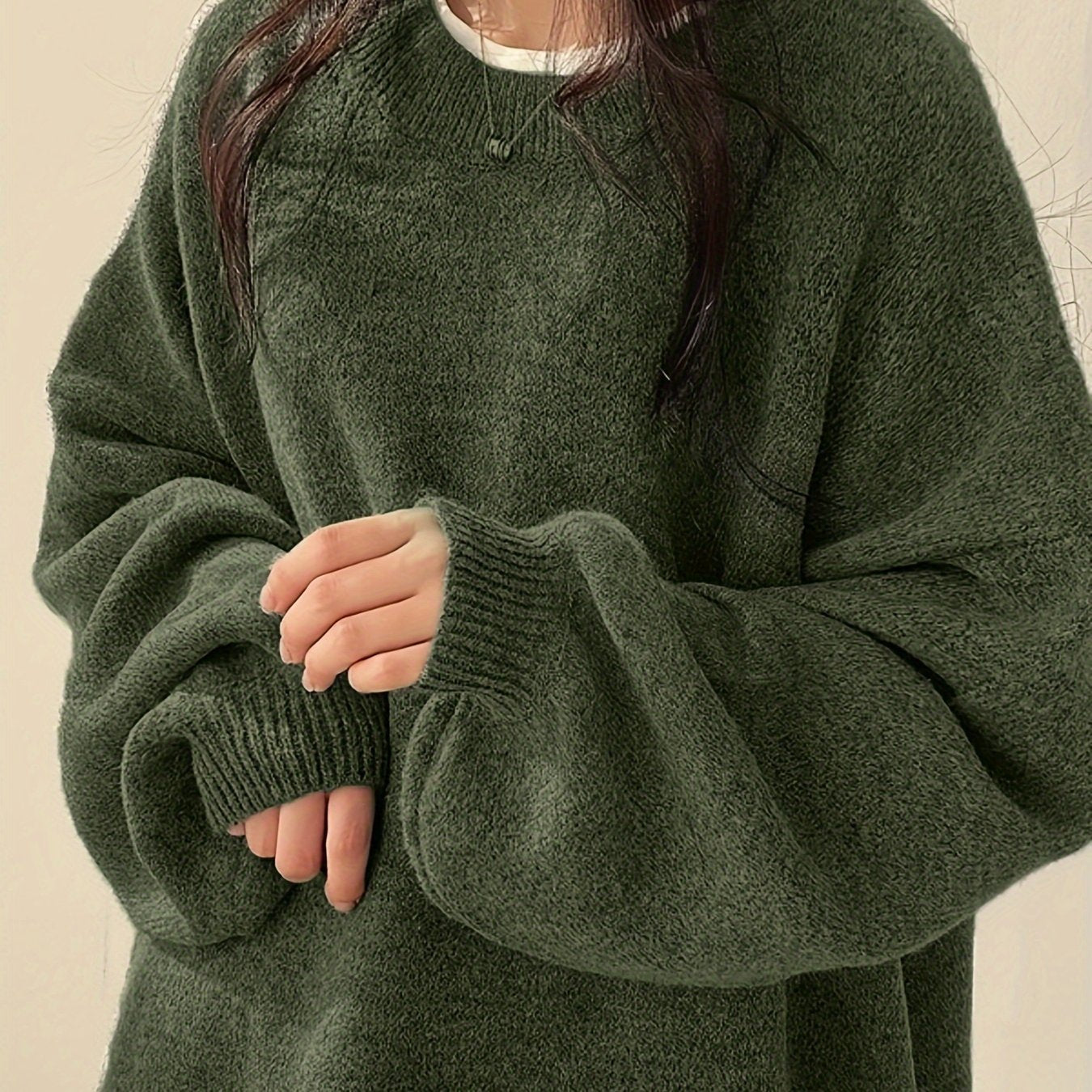 Women's Solid Polyester Crew Neck Sweater with Drop Shoulder and Split Hem for Casual Fall Winter