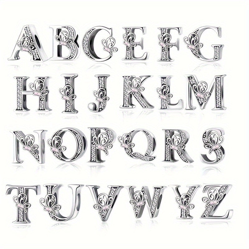 Sterling Silver Alphabet and Butterfly Charm Beads with Cubic Zirconia for Jewelry Making