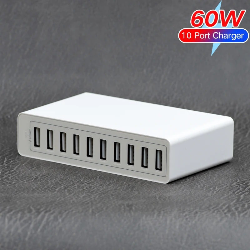 60W Fast Charging 10-Port USB Power Station European Plug Multi-Protection for iPad iPhone and USB Devices