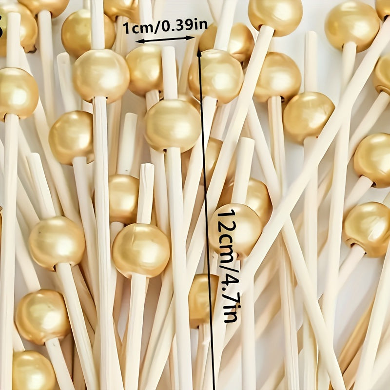Bamboo Cocktail Picks with Golden Pearls for Fruit Cake Snacks and Appetizers