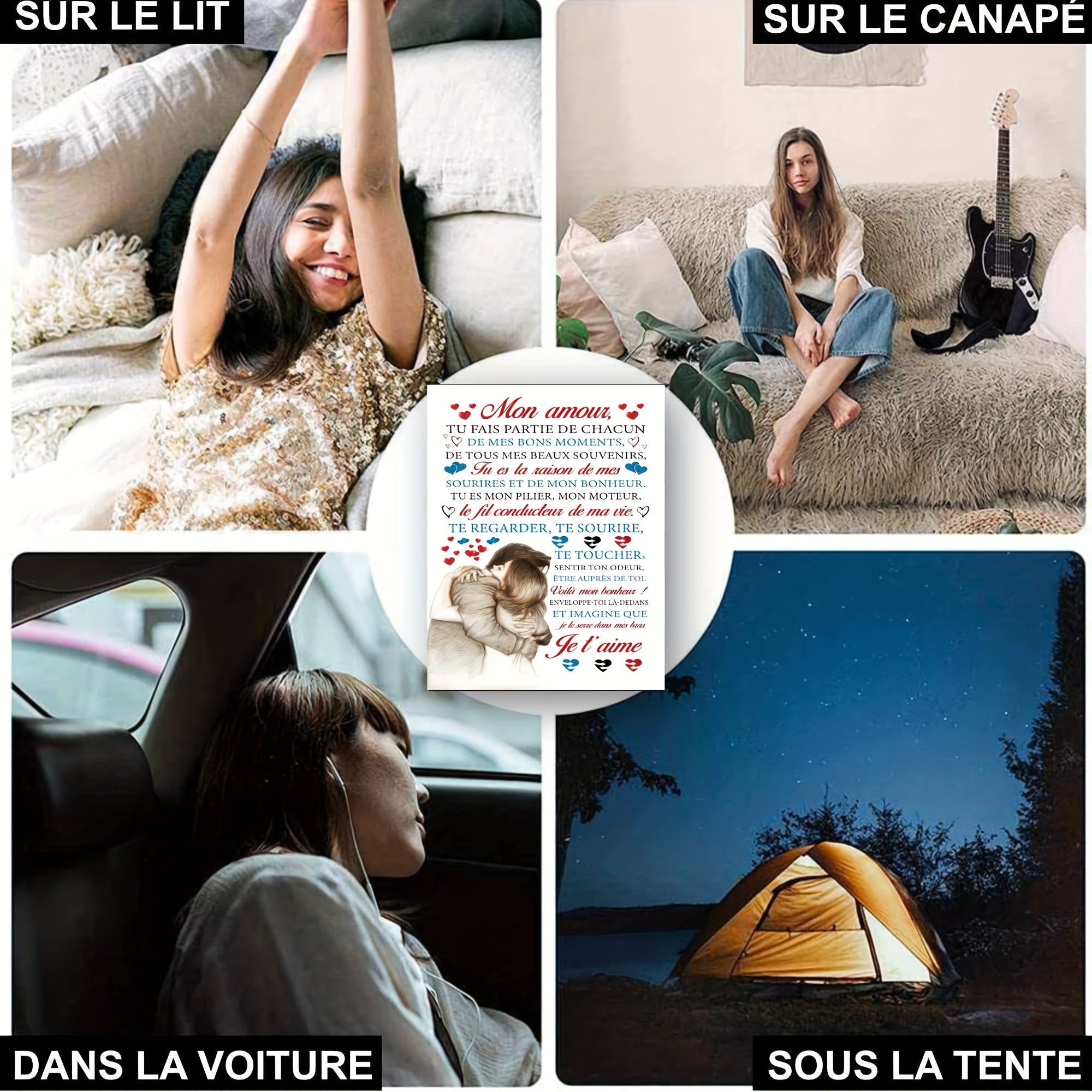 French Love Letter Print Flannel Fleece Throw Blanket Soft Cozy All-Season Bed Sofa Camping Travel