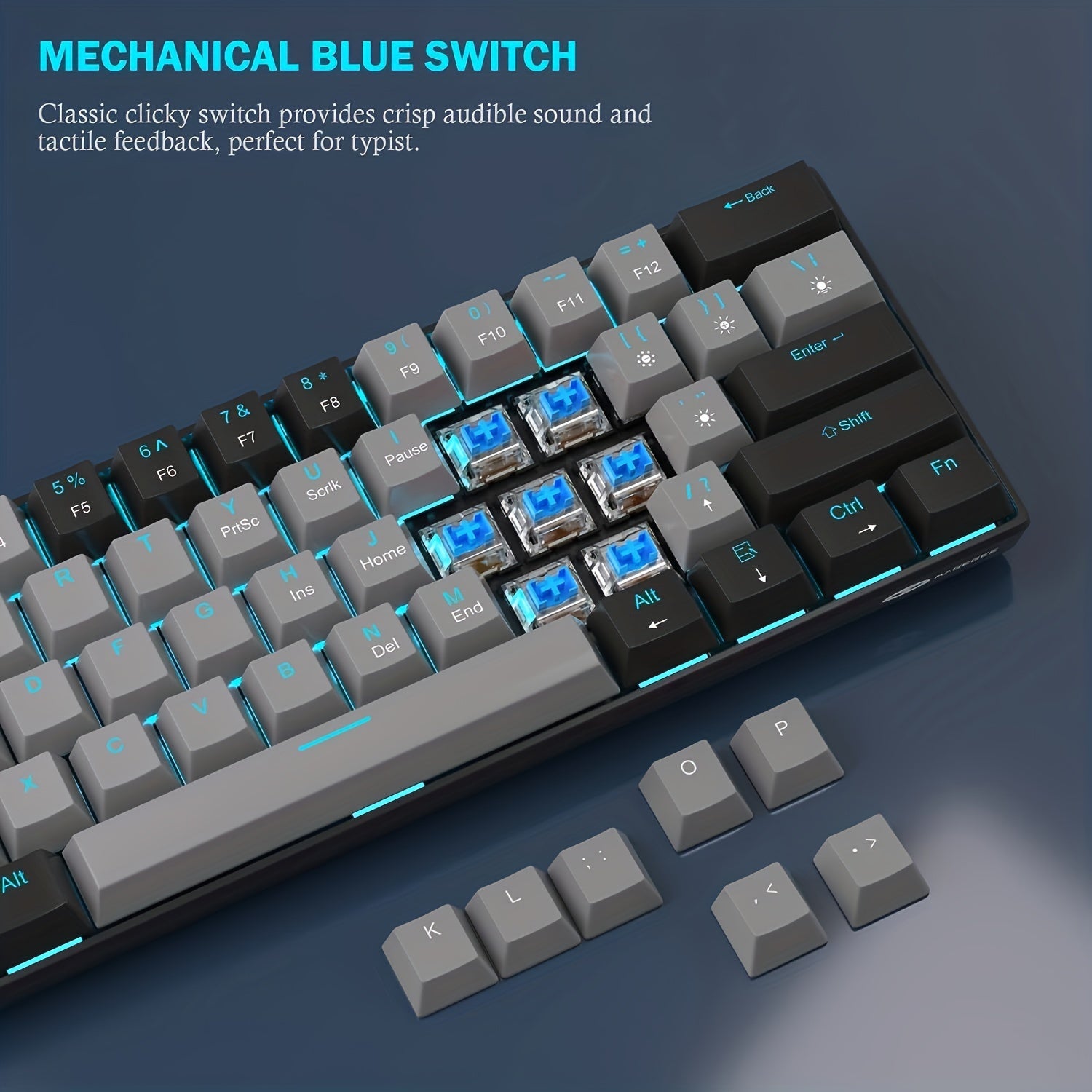 Ergonomic 60% Mechanical Gaming Keyboard Blue Switches Sea Blue Backlit Compact USB