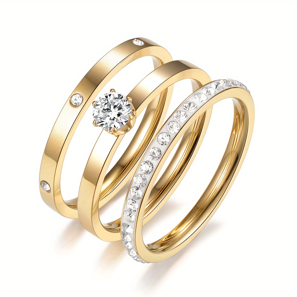 Juego de 3 anillos de acero inoxidable dorado con detalles de zirconia para mujeres