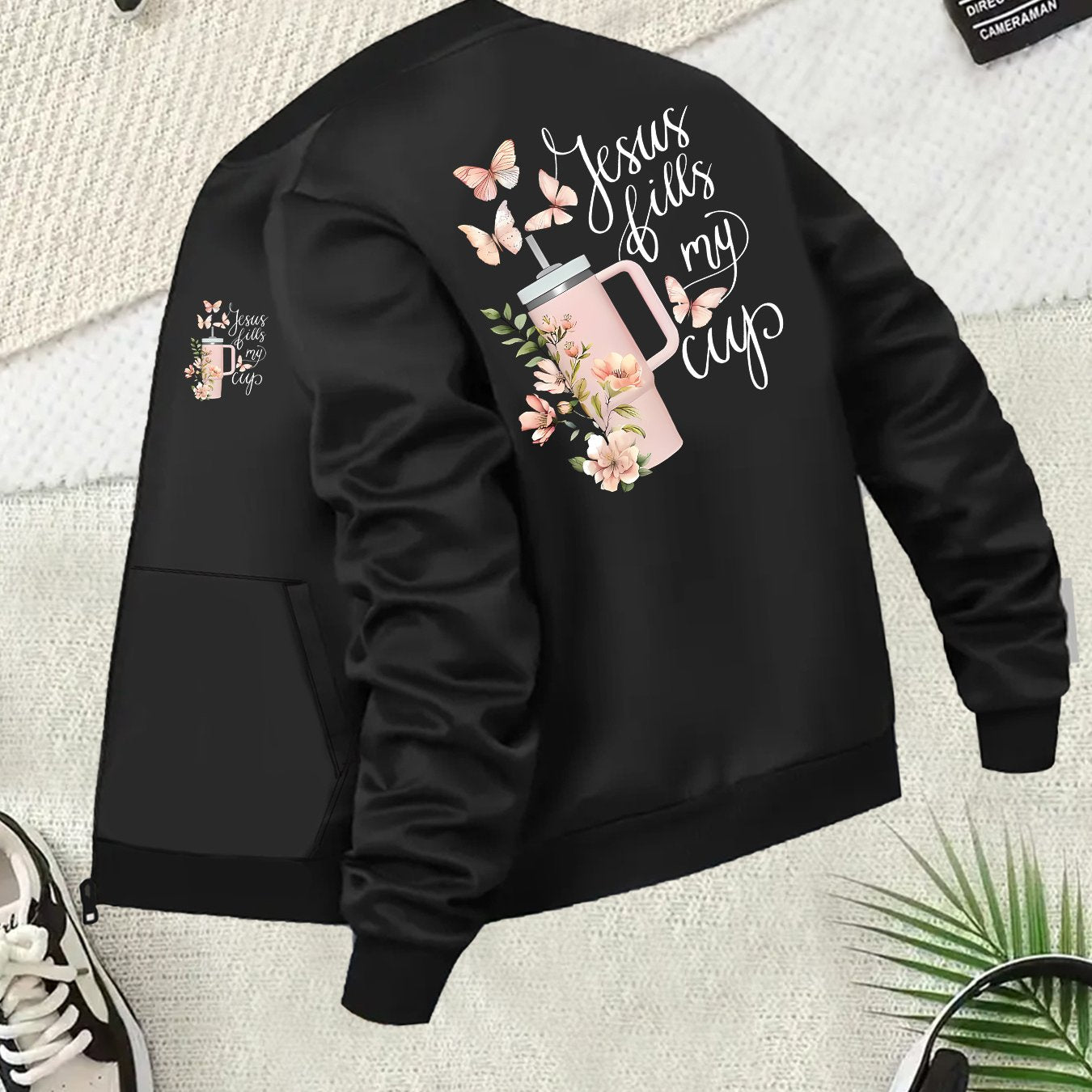 Women's Plus Size Black Zip-Up Bomber Jacket with Pockets and Floral Print