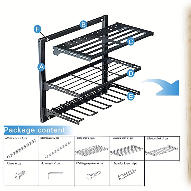 Power Tool Organizer Wall Mount with 3 Layers for Drill Storage Garage Metal Black