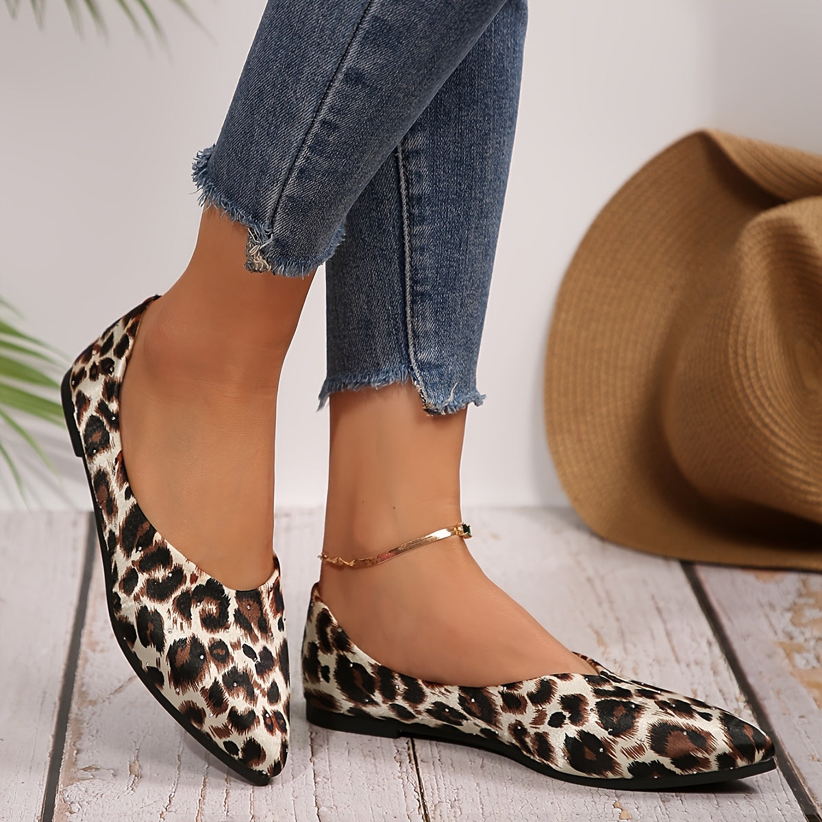 Women's Leopard Print Mary Jane Flats Pointed Toe Slip-On Shoes
