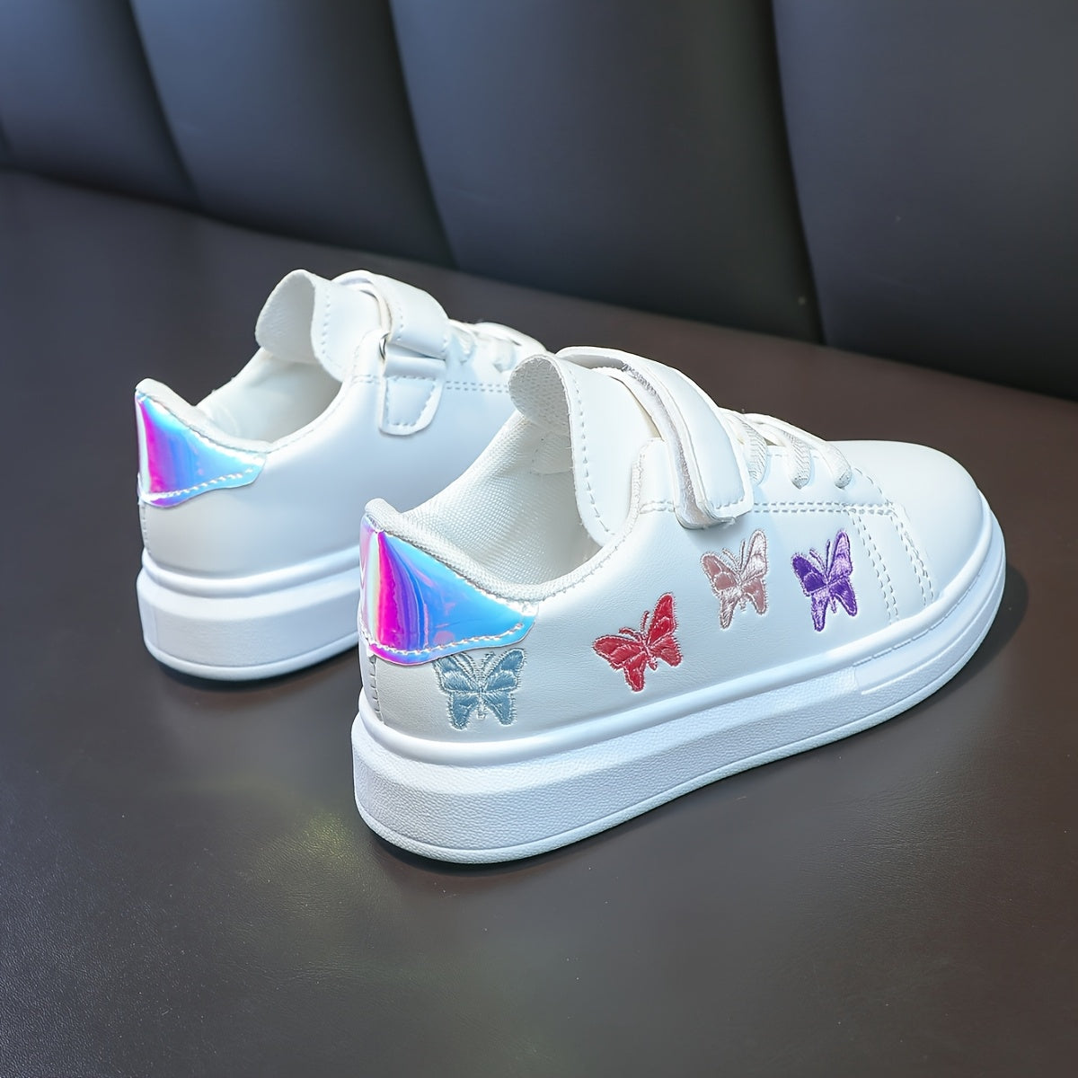 Girls White Sneakers with Strap Embroidered Butterfly Low Top Rubber Sole