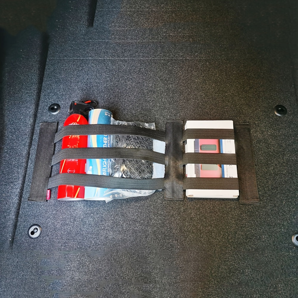 Organizador de interior de coche con correas elásticas fijas y red de almacenamiento para extintor