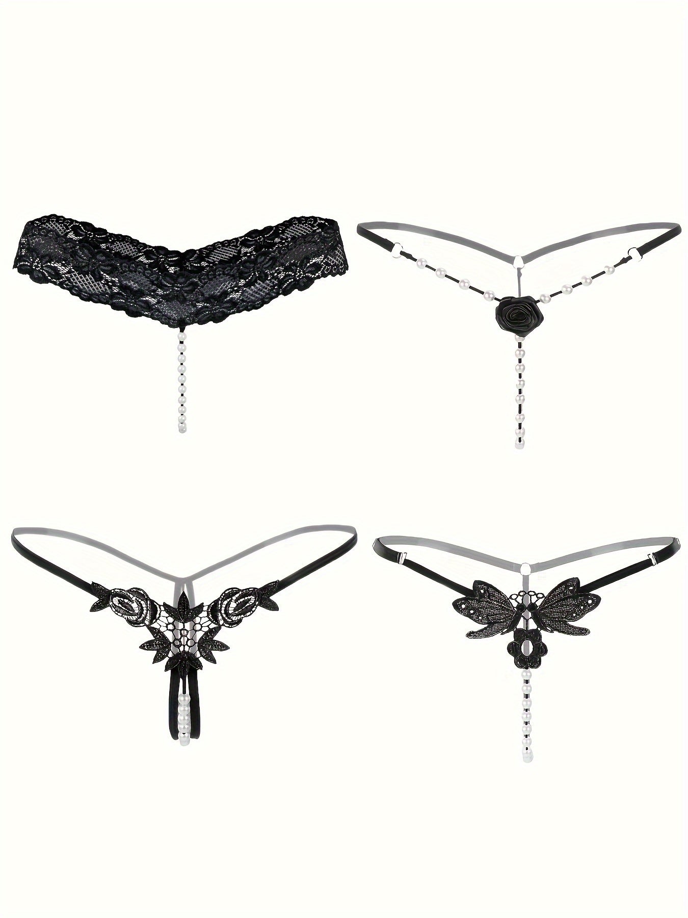 Women's Lace Thongs Low Waist Open Crotch G-String with Pearl Pendant Lingerie