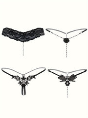Women's Lace Thongs Low Waist Open Crotch G-String with Pearl Pendant Lingerie