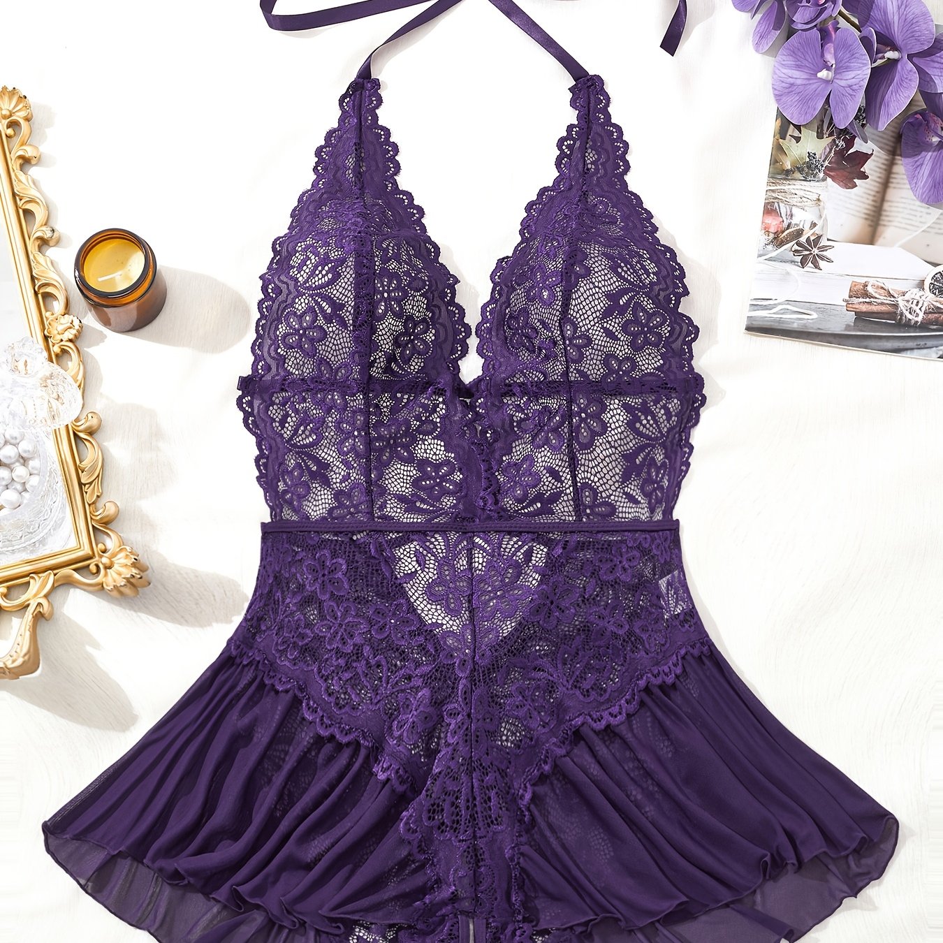 Women's Lace Trim Semi-Sheer Nightgown with Ruffled Hem and Adjustable Ties