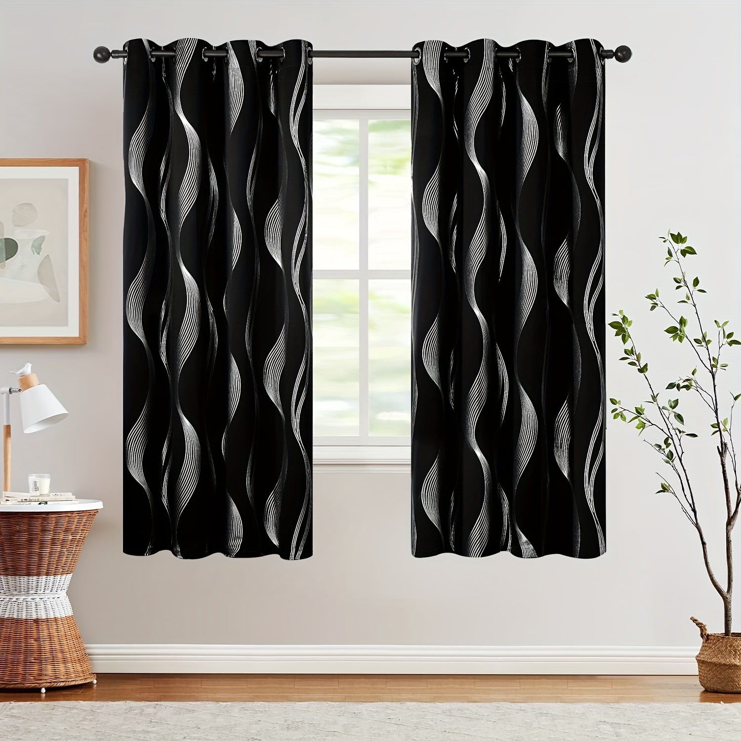 Contemporary Blackout Curtains 2 Pieces Woven Polyester Grommet Top Room Darkening