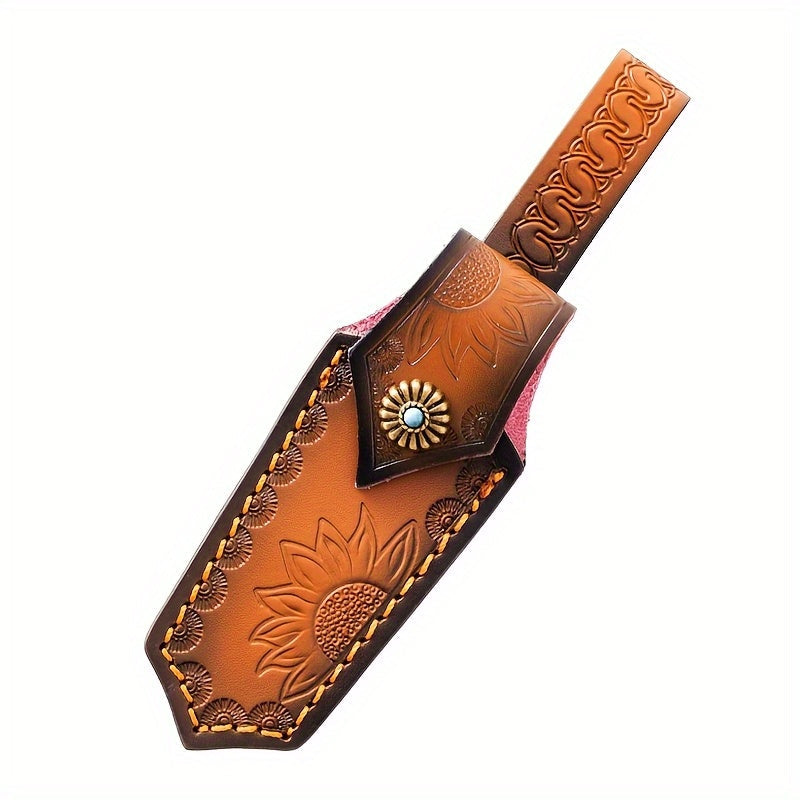 Leather Sheath for Damascus Folding Knife Sunflower Print with Carry Rope