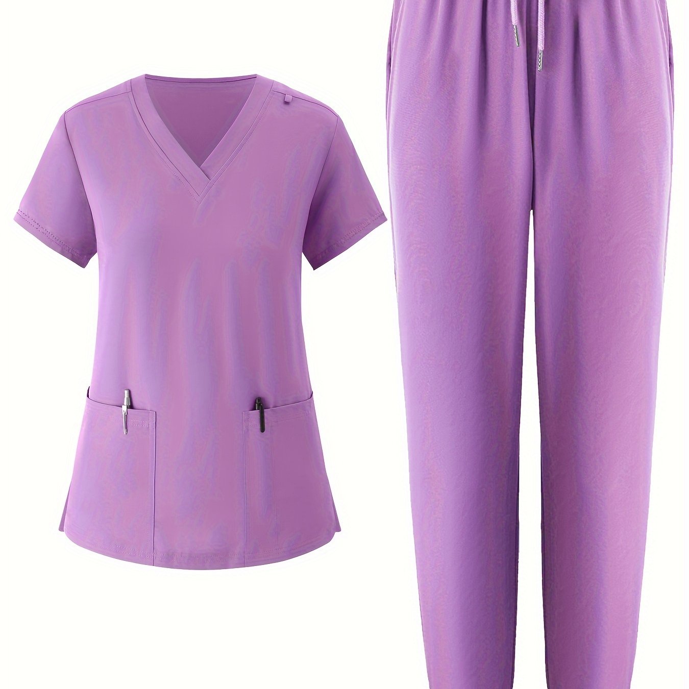 Women's V-Neck Scrub Set Solid Color Breathable Pockets All-Season Workwear