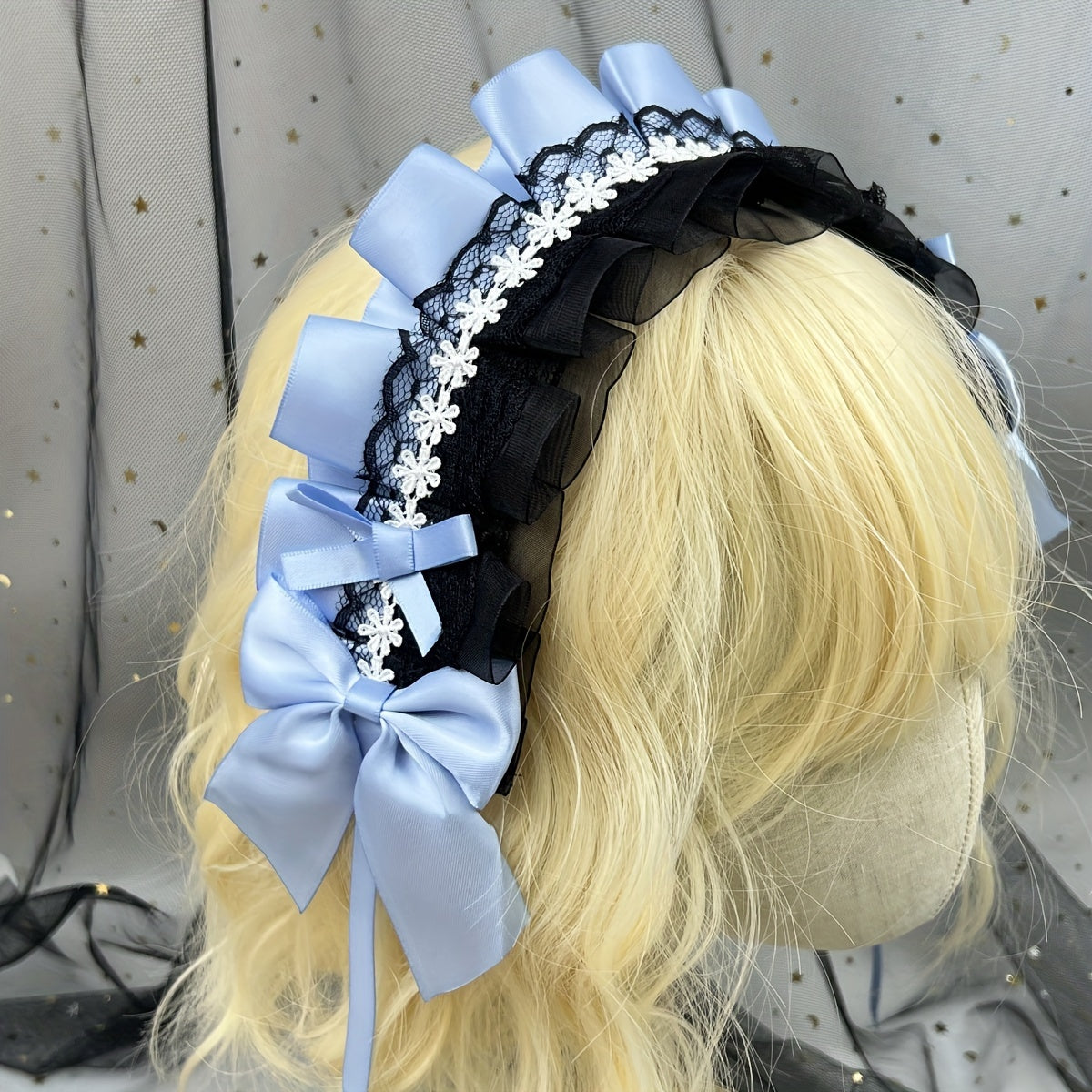 Ruffled Lace Ribbon Bow Headband with Hairpins for Girls in Contrasting Colors
