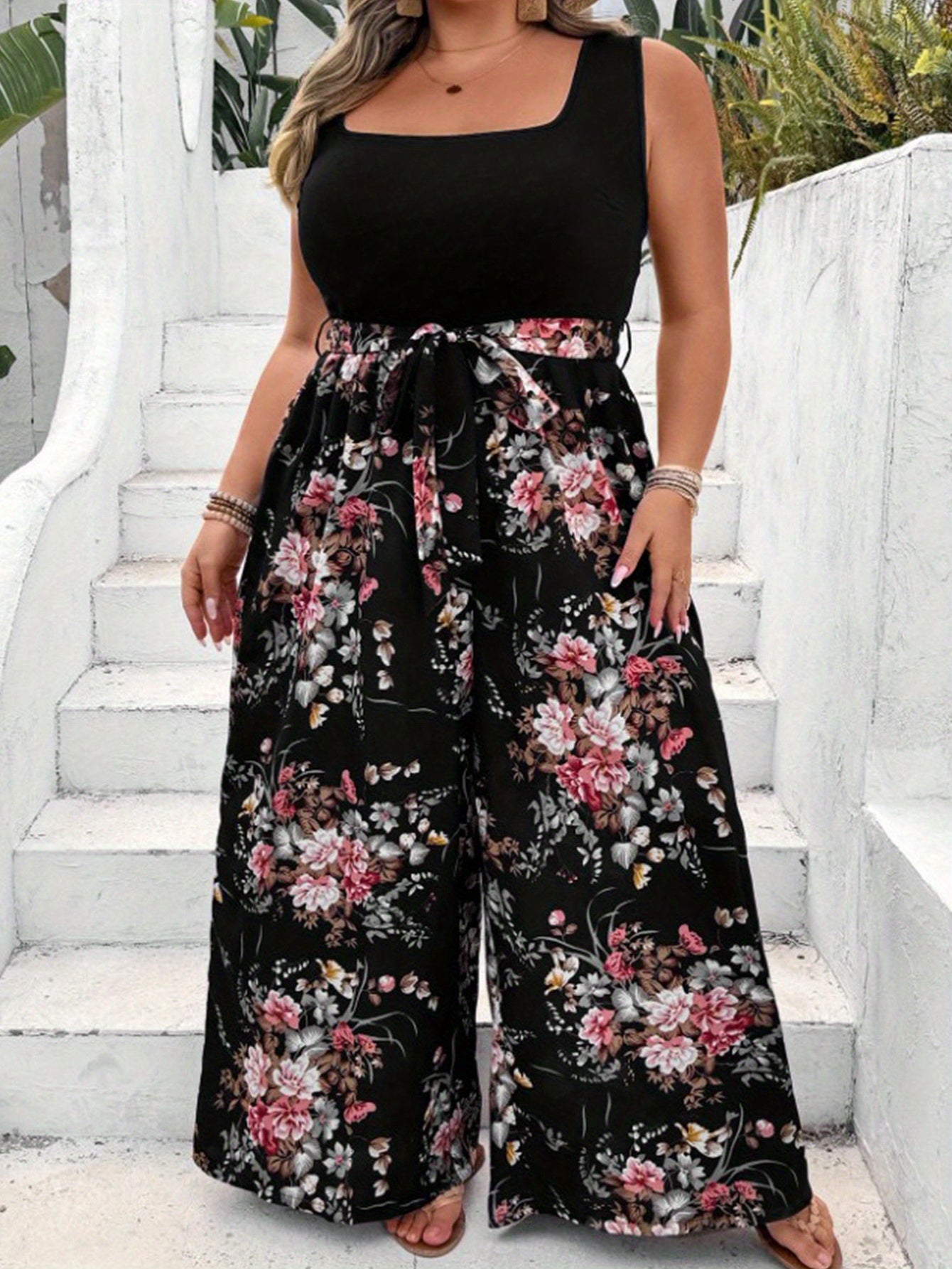 Women's Plus Size Floral Print Sleeveless Jumpsuit with Belt Black Pink White