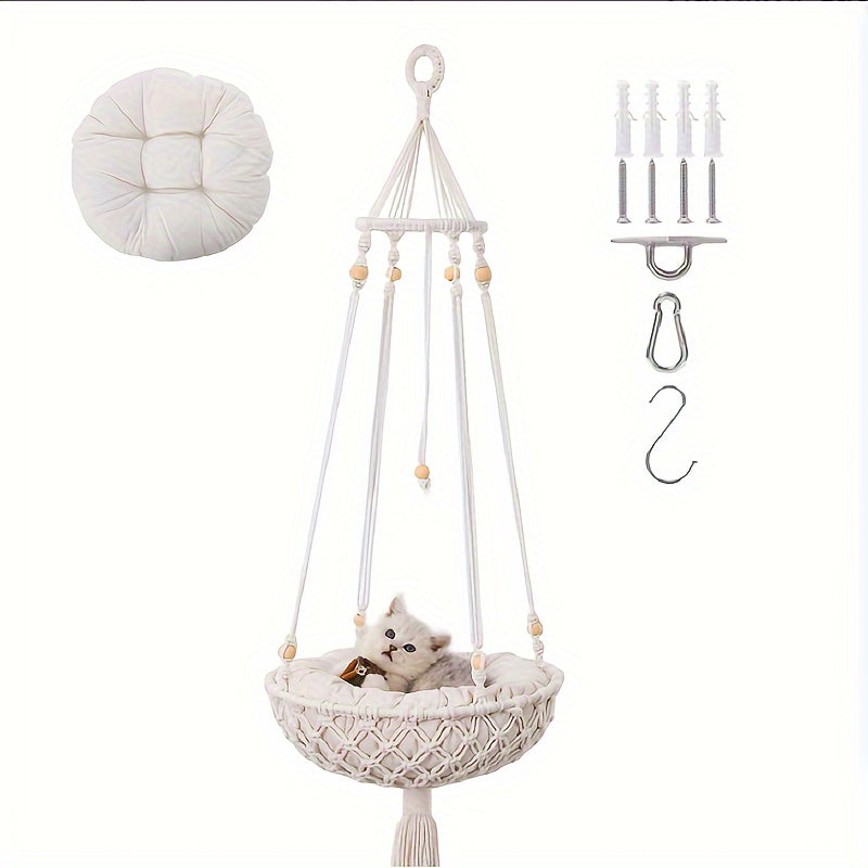 Handwoven Hanging Cat Hammock Boho Macrame Bed with Cushions and Hook Set