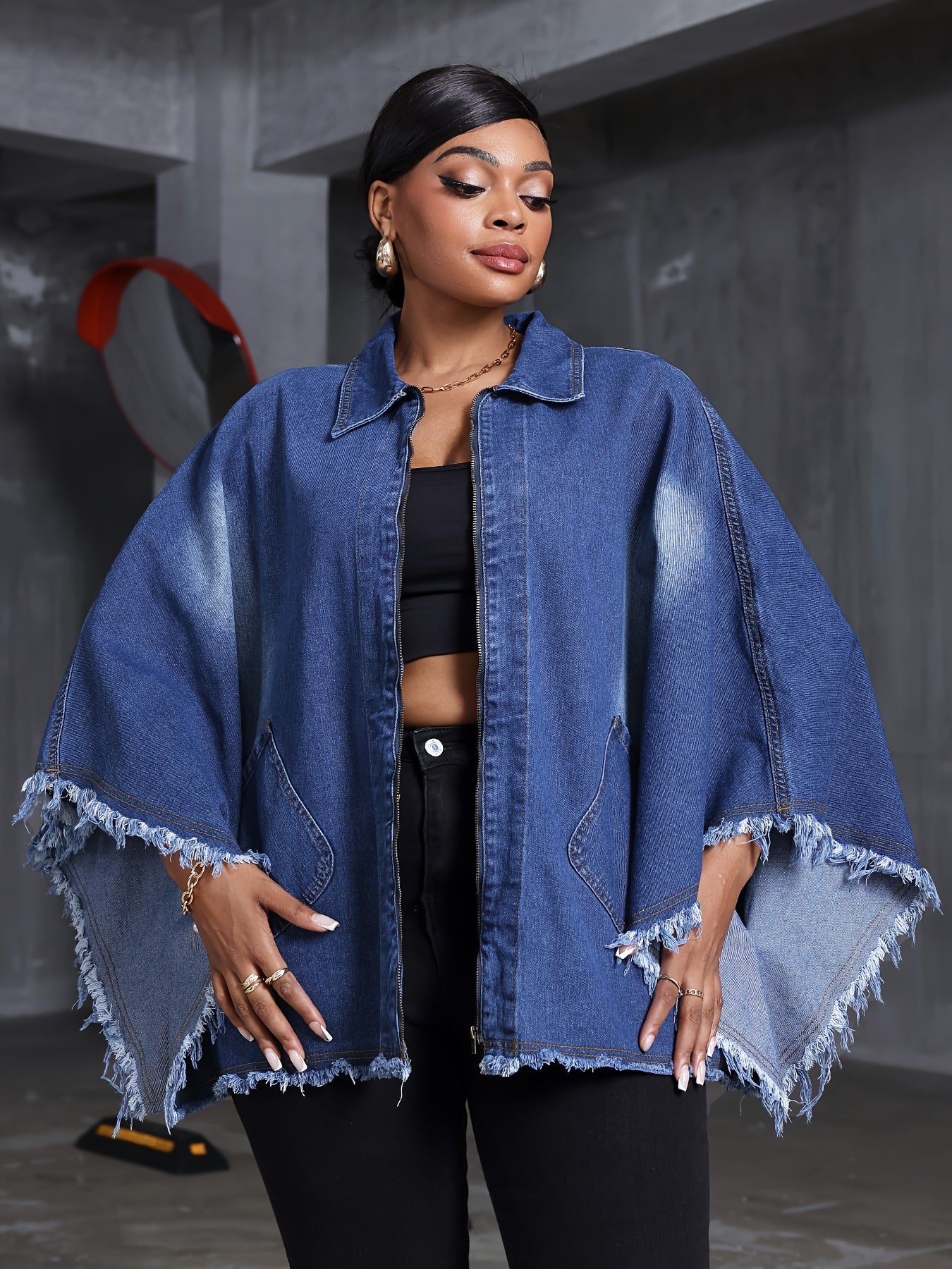 Women Plus Size Denim Coat Loose Fit Batwing Sleeve Washed Blue Denim Outerwear