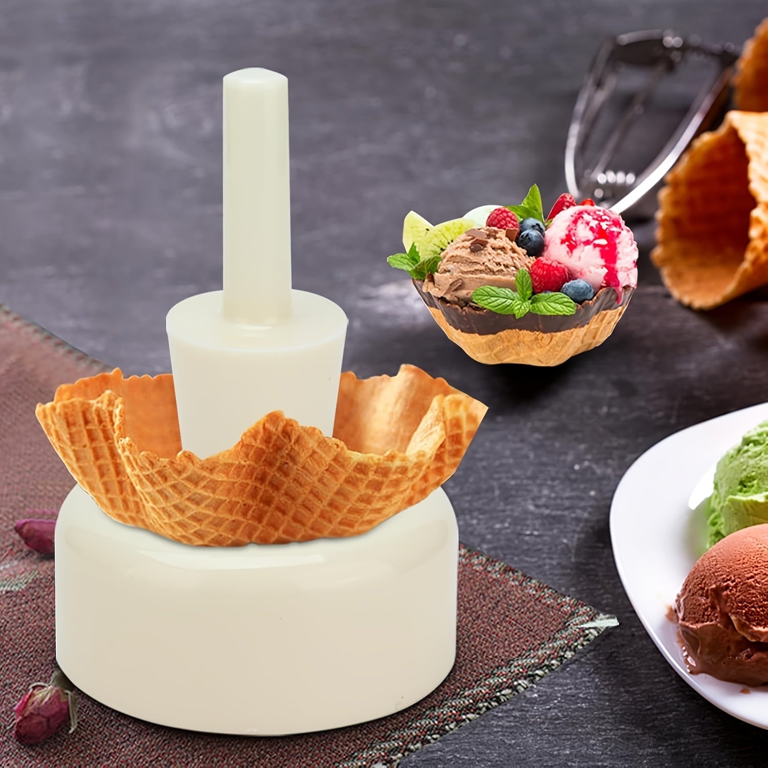 Waffle Cone Maker Kit with Reusable Ice Cream Cone and Egg Roll Molds for Baking