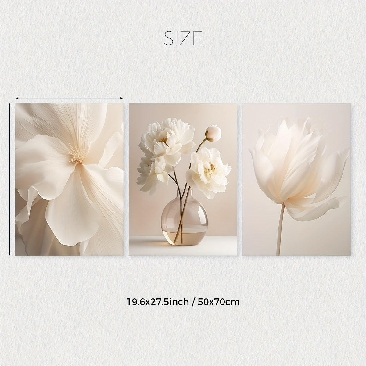 Set of 3 White Peony Flower Wall Art Prints Canvas Modern Minimalist Neutral Decor