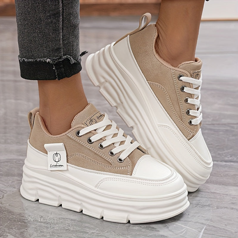 Women's Casual Low-Top Sneakers Thick Rubber Sole Lace-Up White Brown Shoes